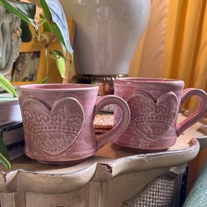 Black Oat Art Waco Texas handmade ceramic mugs. Pair of pink valentine mugs, new